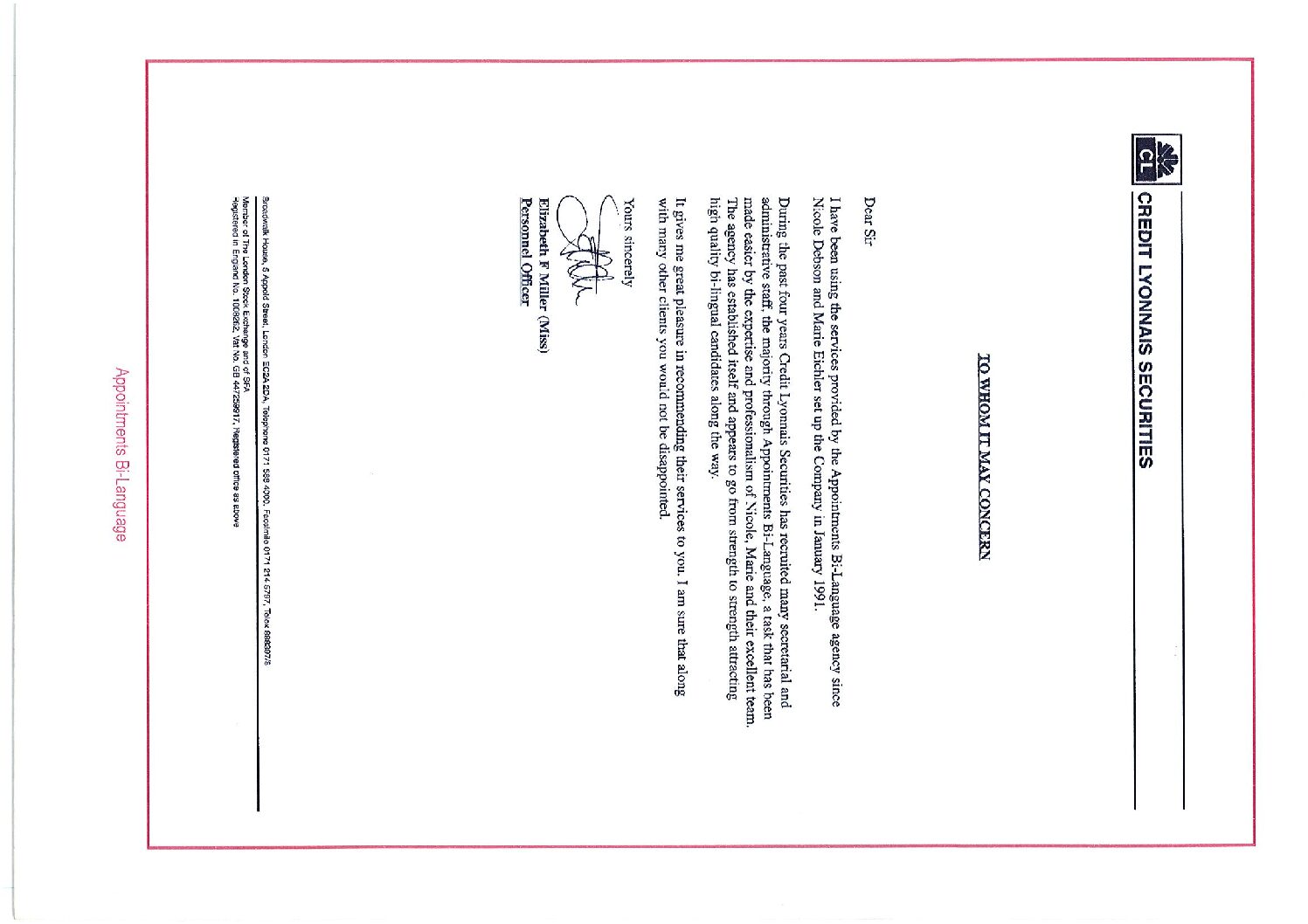 Credit Lyonnais Securities recommendation Letter (002)