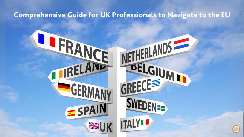 Picture with blue sky and all direction to European countries. Text on the image saying "Comprehensive Guide for UK Professionals to Navigate to the EU
