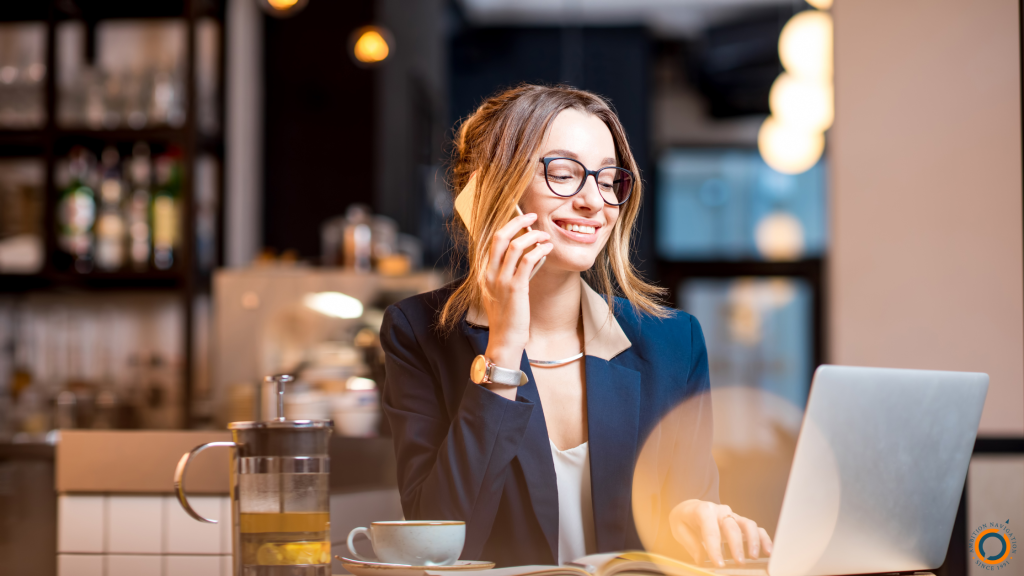 A woman is on her phone interview.